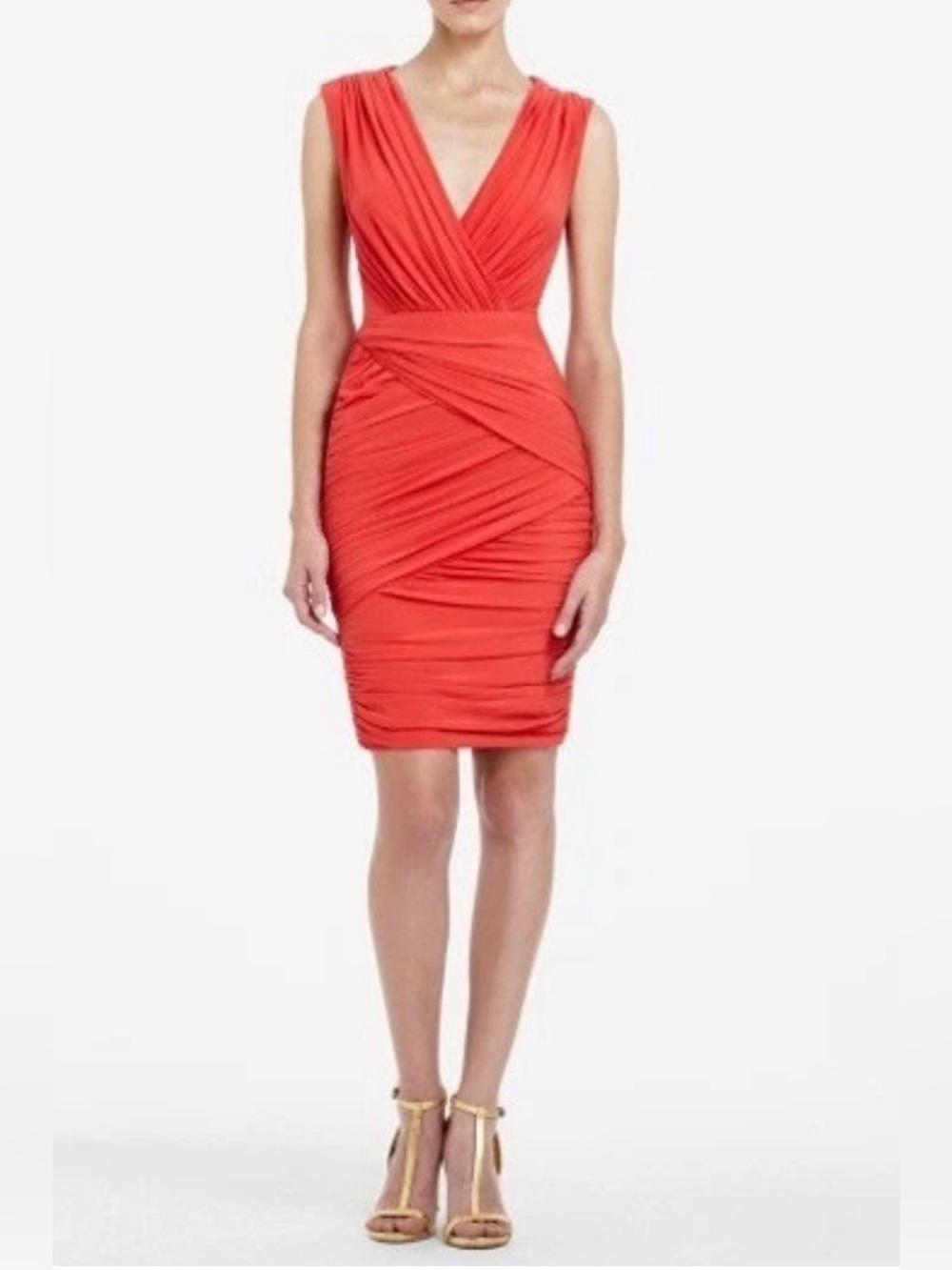 BCBGMaxAzria Coral Ruched V-Neck Sheath Dress